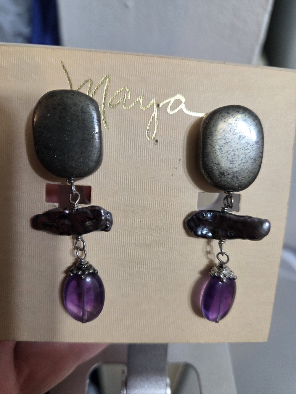 MAYA Pyrite, Black Baroque Pearl & Amethyst Drop Earrings